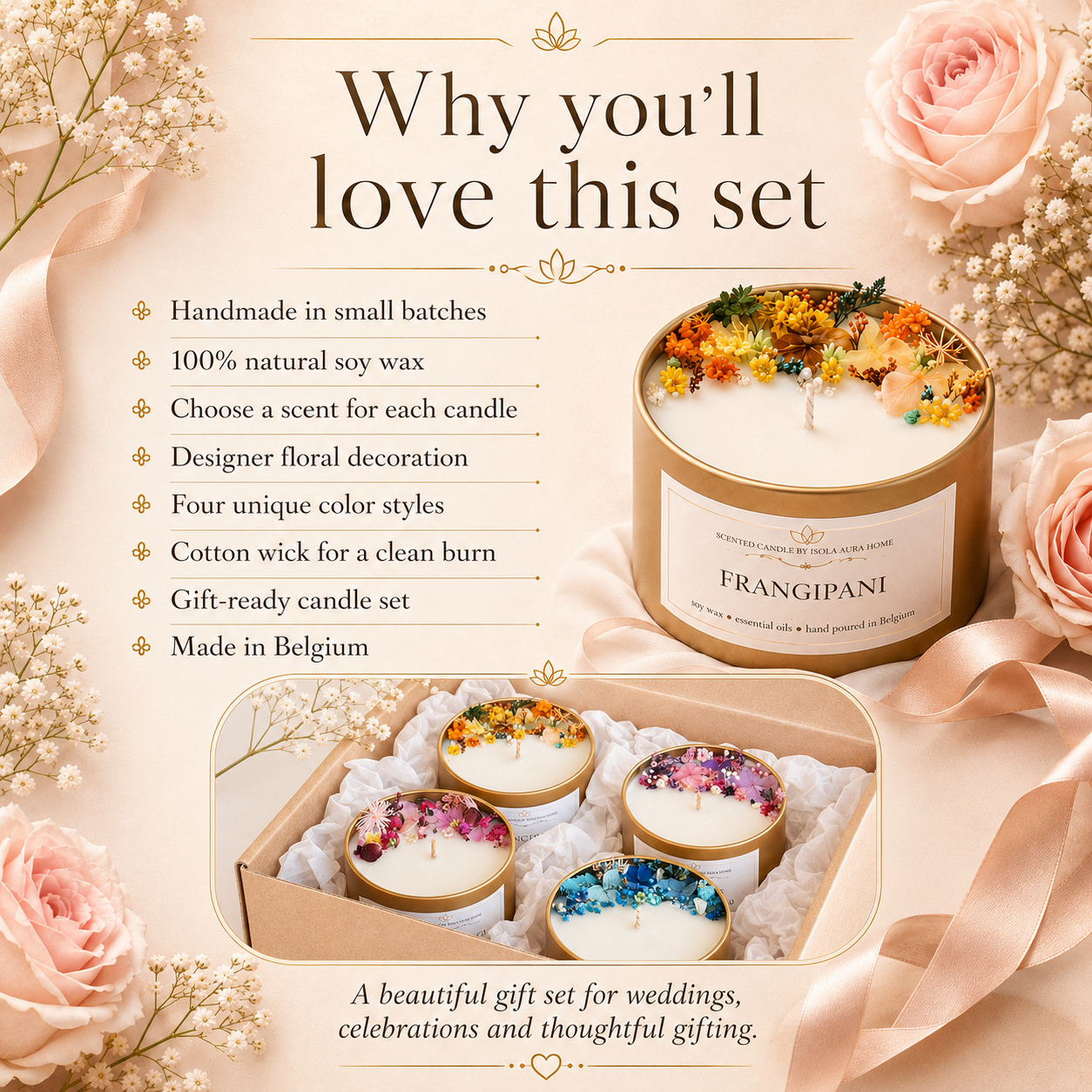 Features of the designer floral soy wax candle gift set handmade by Isola Aura Home in Belgium