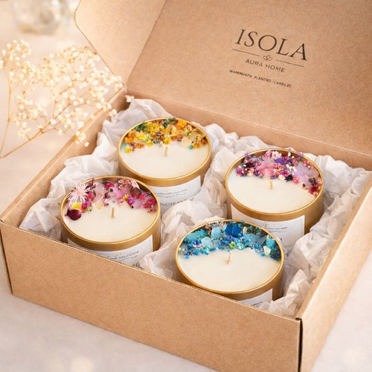 Four designer floral soy wax candles in an Isola Aura Home gift box, handmade in Belgium