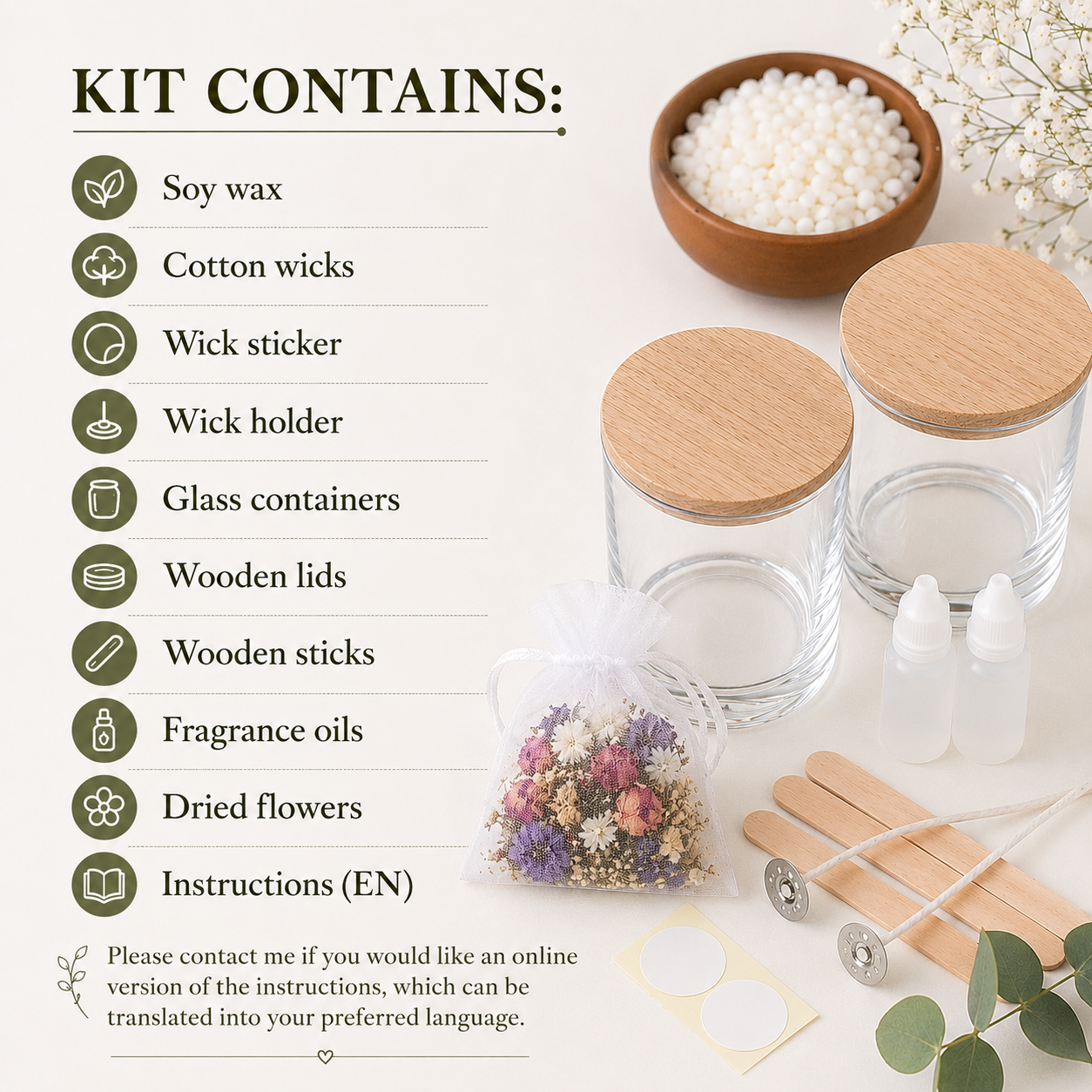 Kit contents for DIY soy wax candle making kit with glass containers, wooden lids, wax, wicks, fragrance oils and dried flowers
