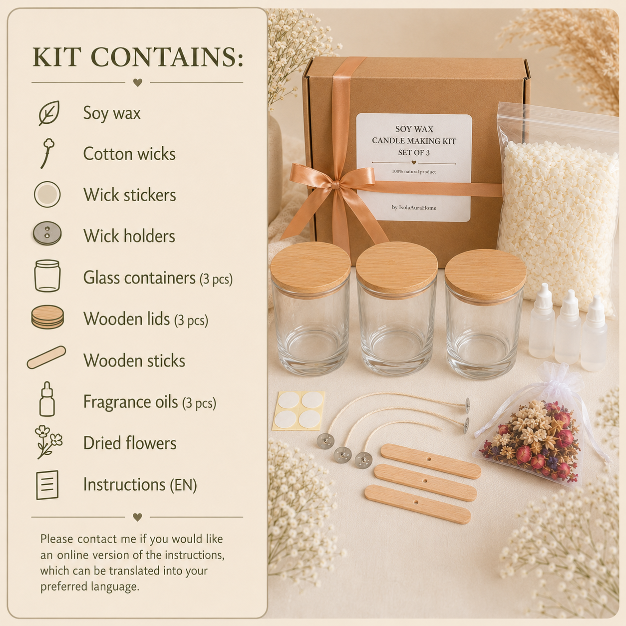 Kit contents for DIY soy wax candle making kit with three glass containers, wooden lids, soy wax, wicks, fragrance oils and dried flowers