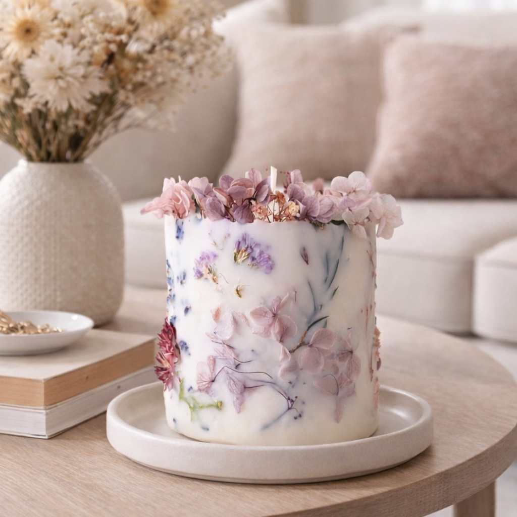 Handmade botanical soy wax candle with real dried flowers styled in a soft living room interior