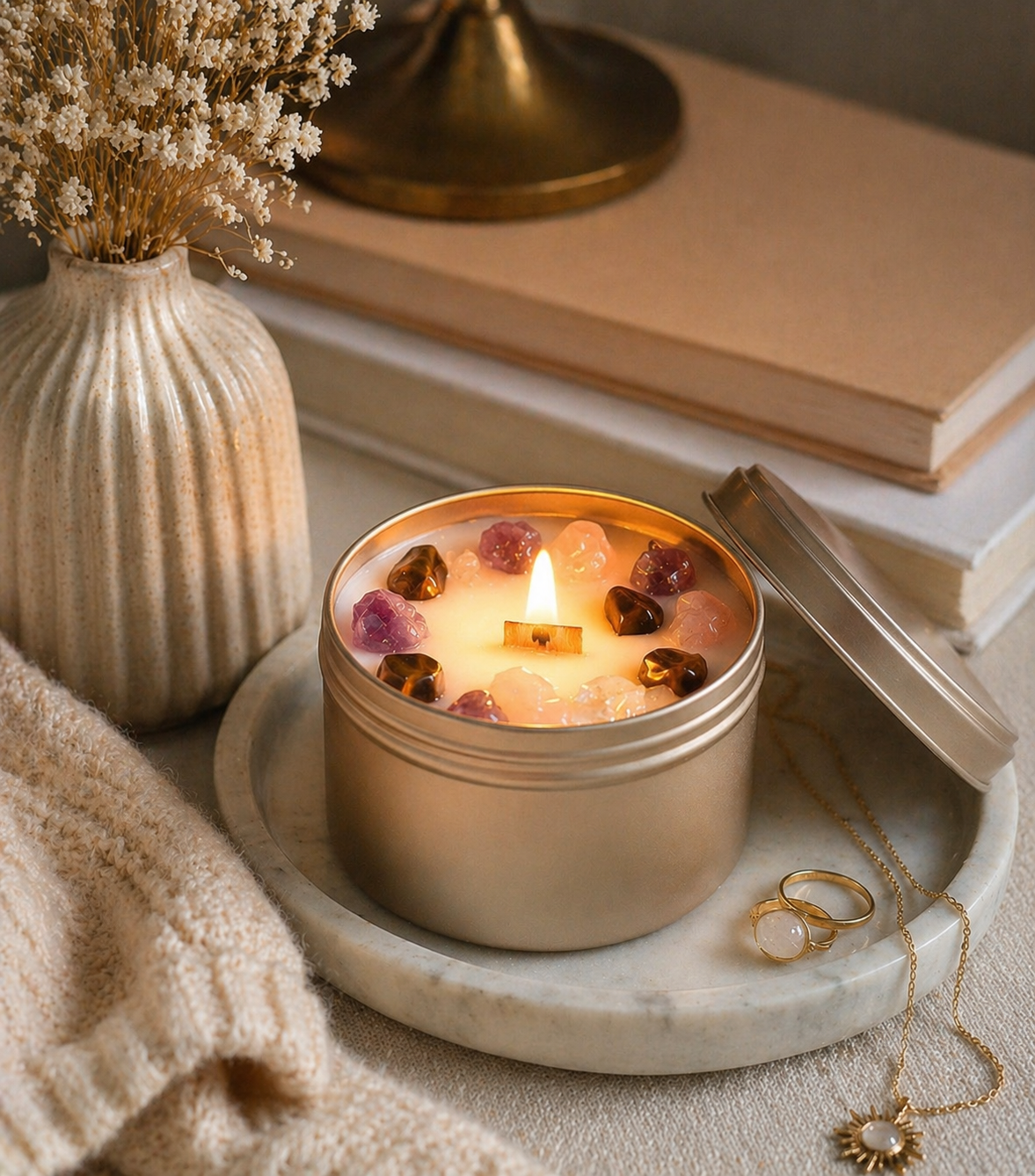 Finished crystal soy wax candle with wooden wick burning in a gold tin container