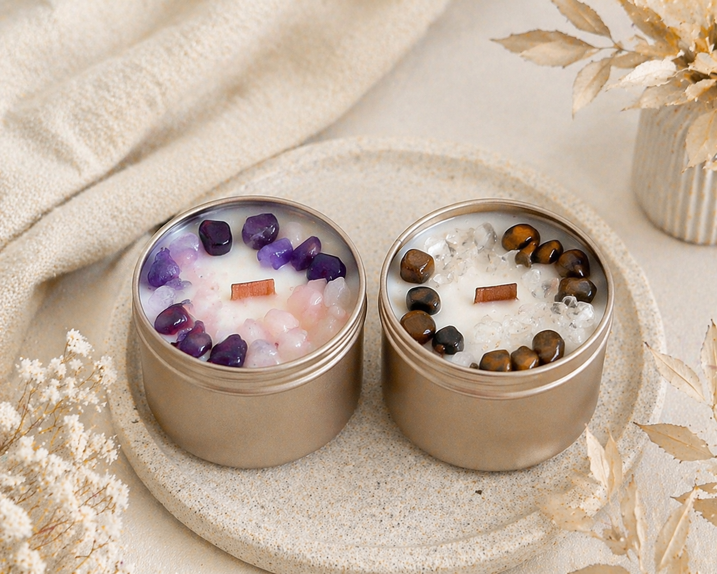 Finished crystal soy wax candles with wooden wicks made from a DIY candle making kit