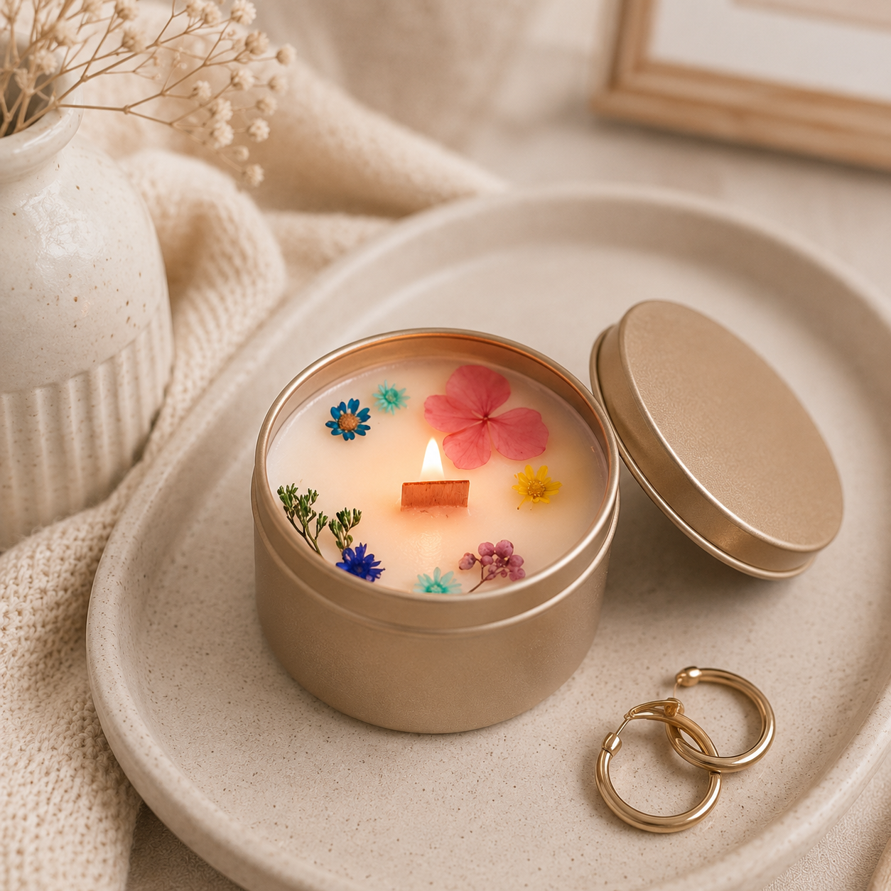 Finished floral soy wax candle with wooden wick burning in a gold tin container