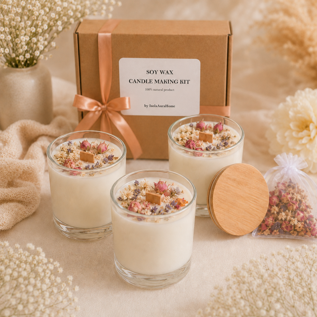 Finished floral soy wax candles made with a DIY glass jar candle making kit set of 3 by Isola Aura Home