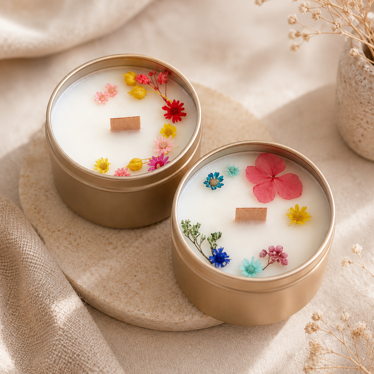 Finished floral soy wax candles with wooden wicks made from a DIY candle making kit