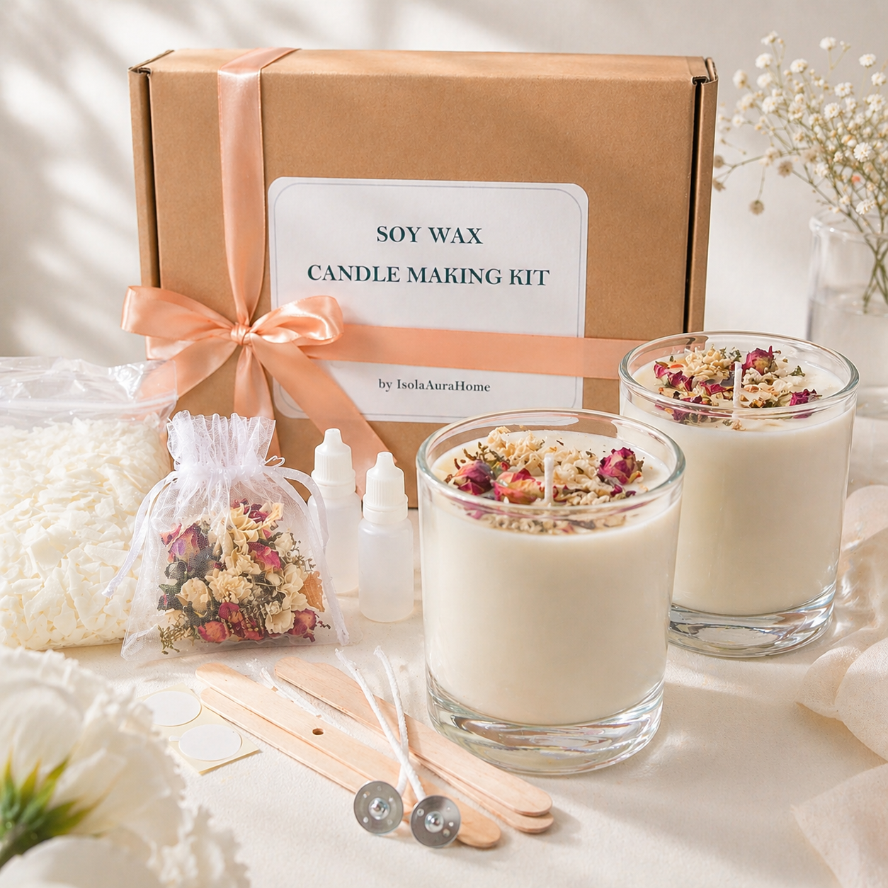 Finished floral soy wax candles made with a DIY glass jar candle making kit from Isola Aura Home