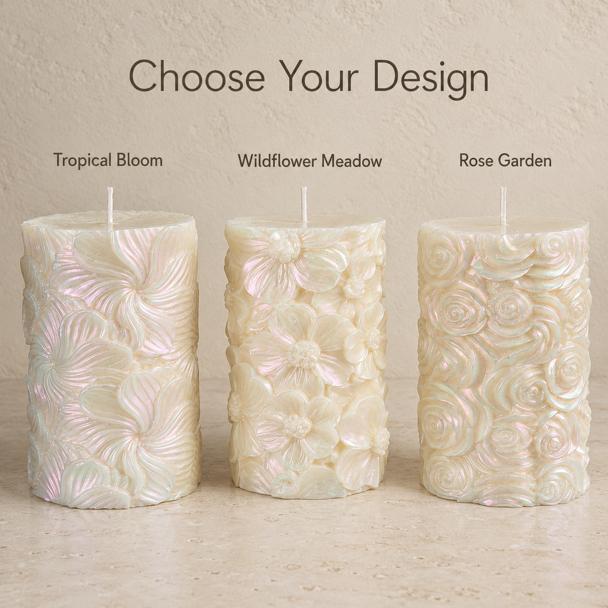 Tropical Bloom, Wildflower Meadow and Rose Garden pearlescent floral candle design options.