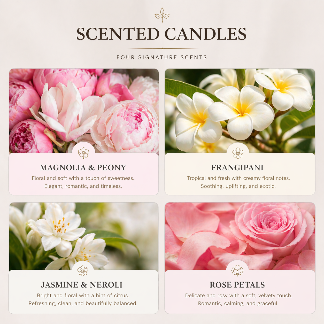 Four floral candle scents included in the Isola Aura Home gift box: Magnolia Peony, Frangipani, Jasmine Neroli and Rose Petals