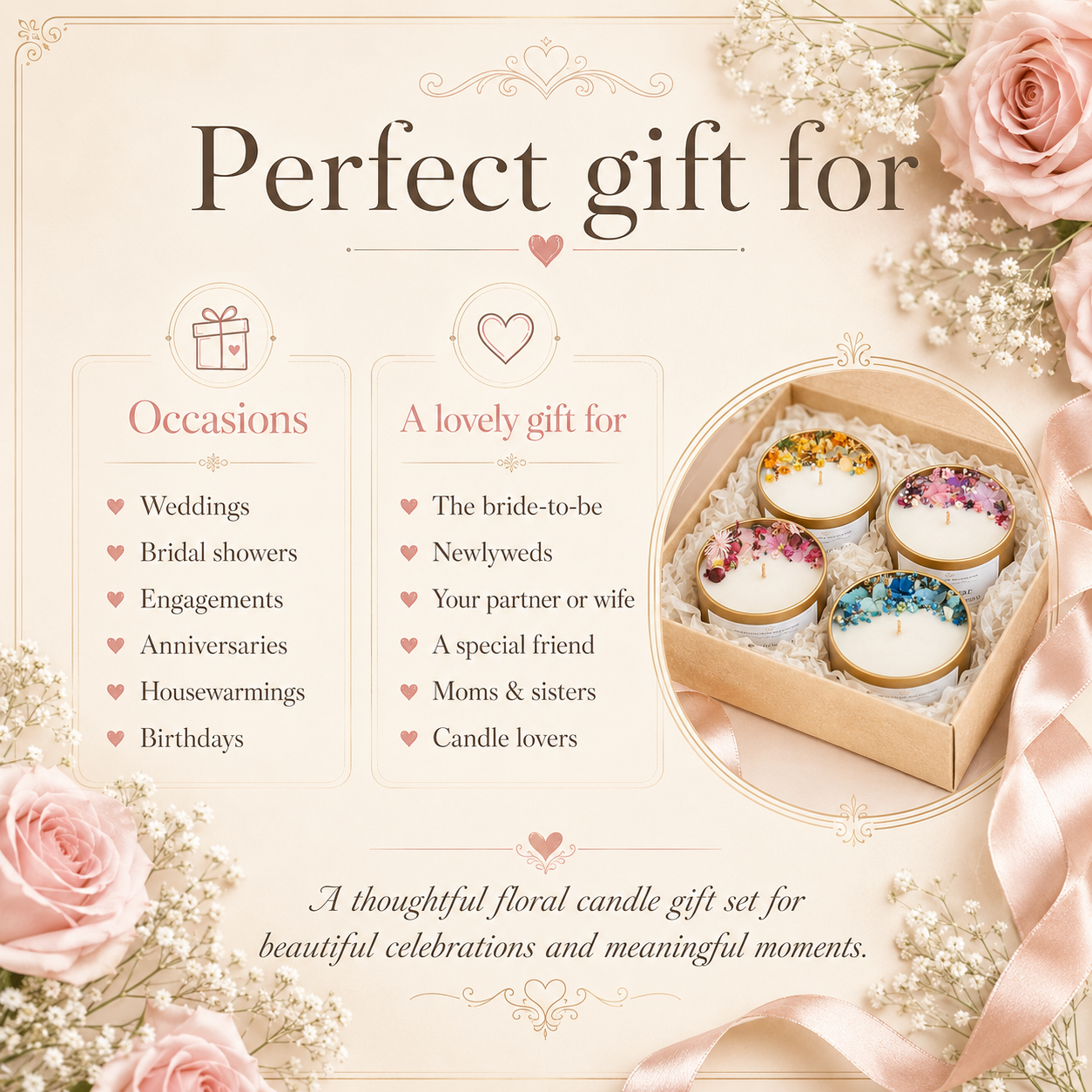 Designer floral candle gift set for weddings, birthdays, anniversaries and housewarming gifts