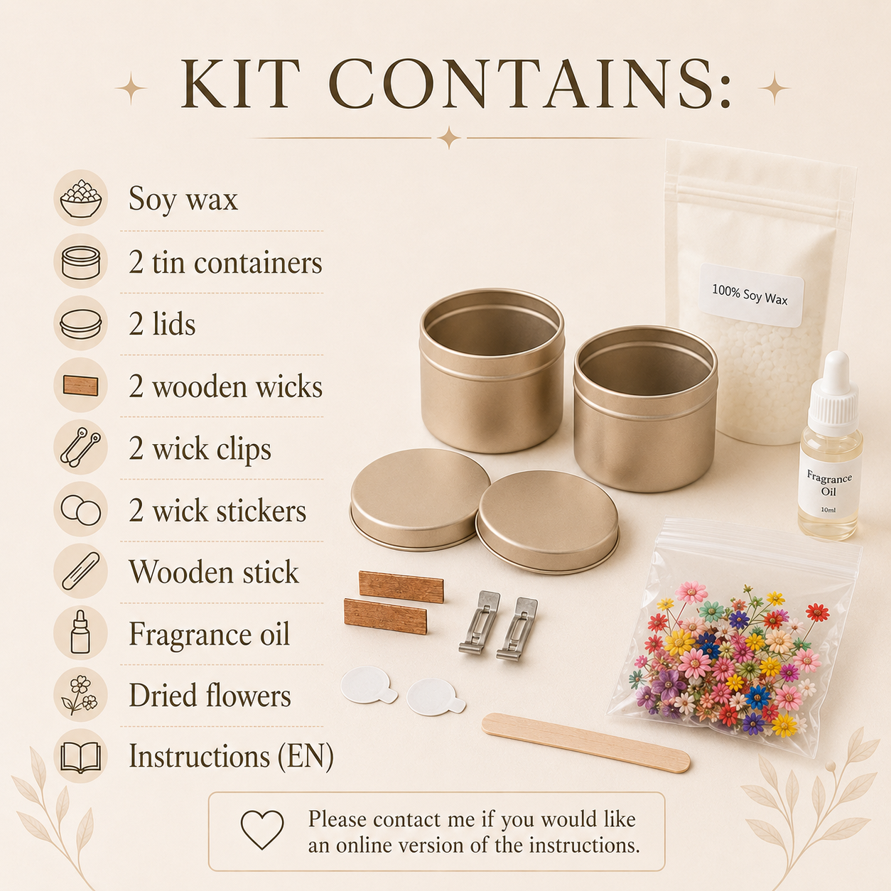 Kit contents for floral soy wax candle making kit with gold tin containers, wooden wicks, fragrance oil and dried flowers