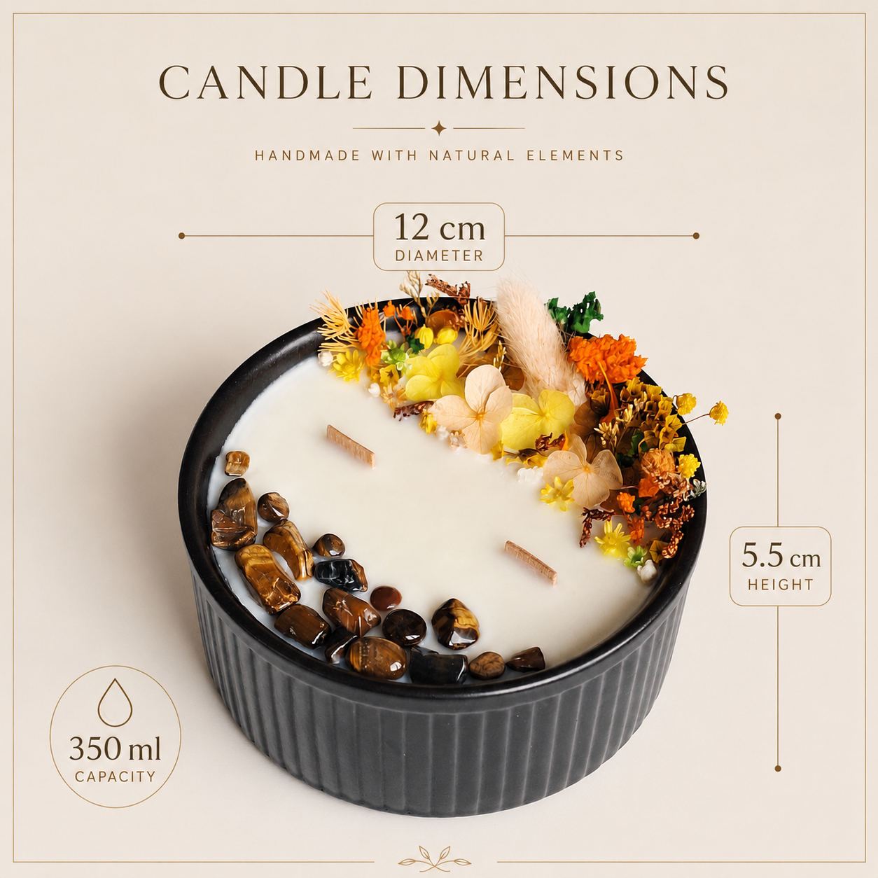 Floral crystal candle dimensions showing 350 ml capacity, 12 cm diameter and 5.5 cm height