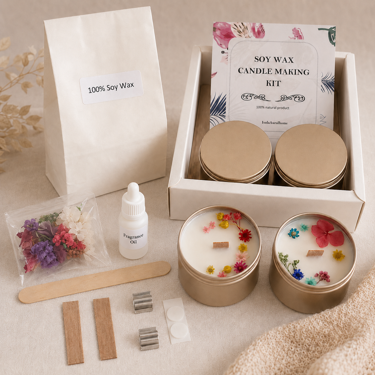 Floral soy wax candle making kit set of 2 with gold tins, wooden wicks, dried flowers and fragrance oil by Isola Aura Home