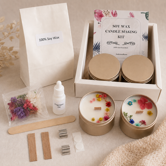Floral soy wax candle making kit set of 2 with gold tins, wooden wicks, dried flowers and fragrance oil by Isola Aura Home