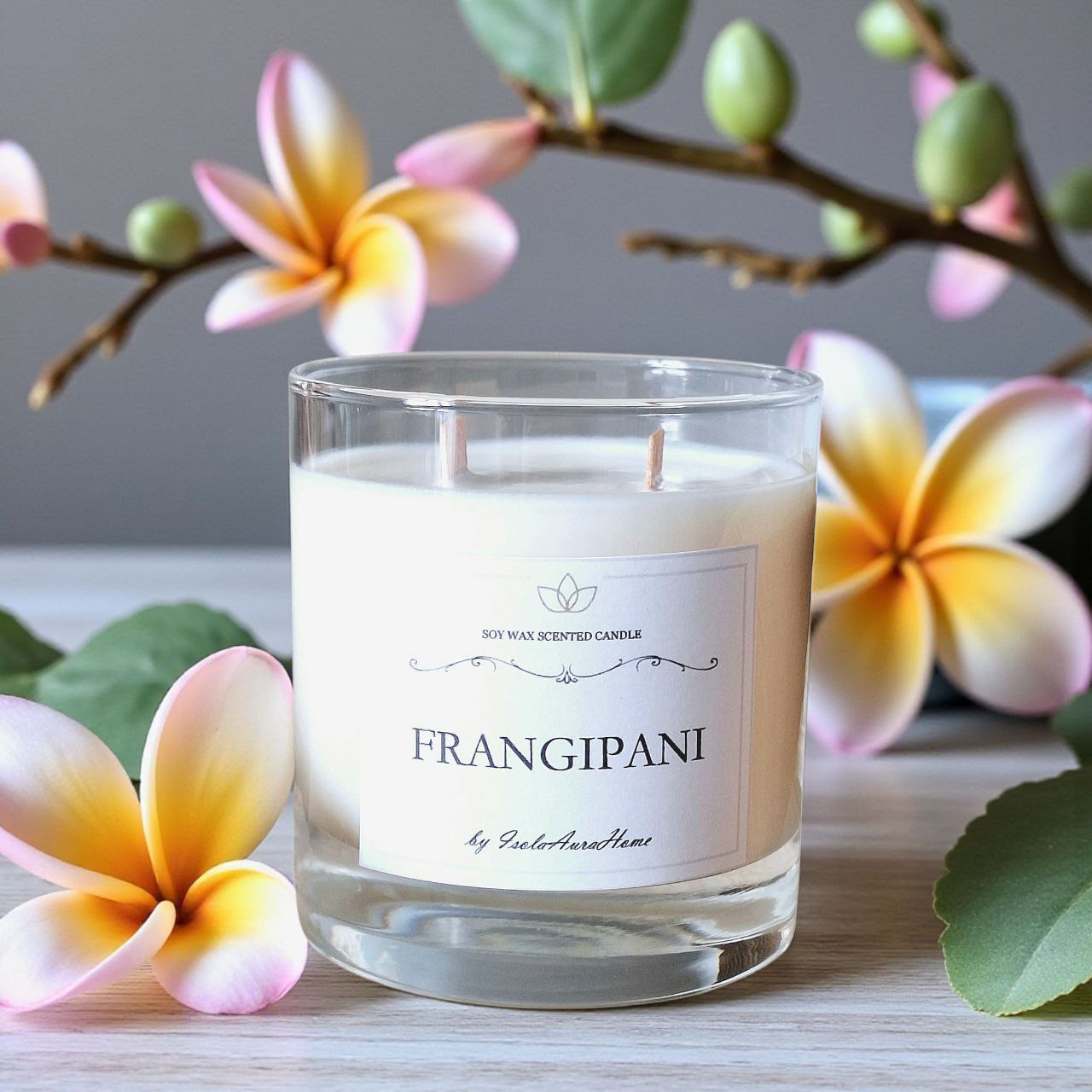 Frangipani scented soy wax candle in a glass jar with tropical floral decor and wooden wicks