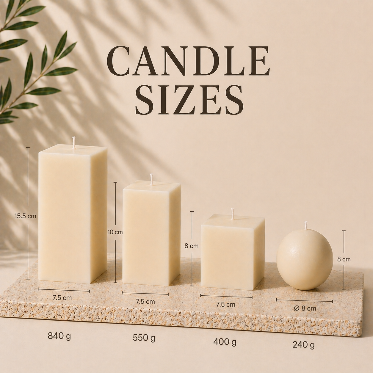 Size chart for minimalist geometric soy wax candles including square candles and sphere candle