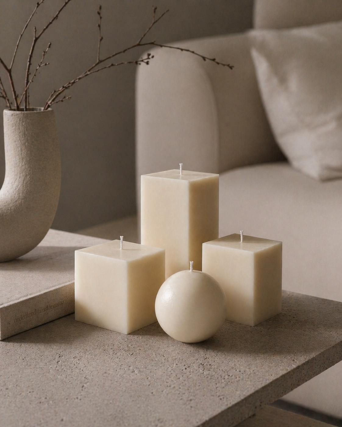 Handmade geometric soy wax candles styled in a neutral bedroom interior