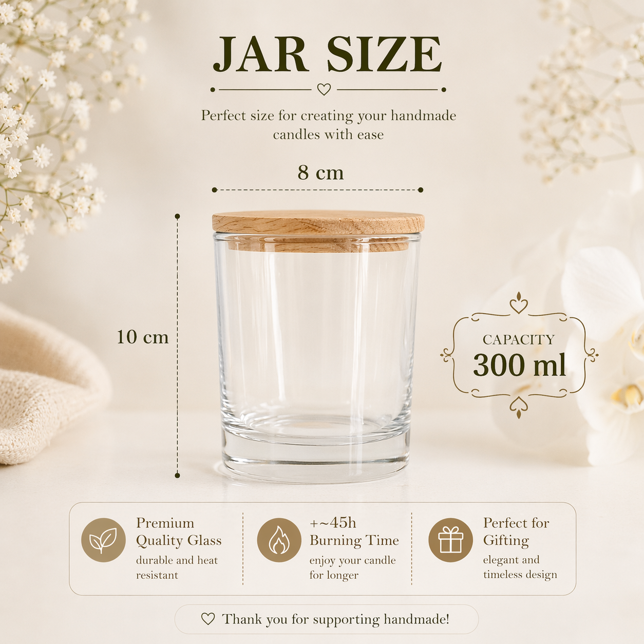 Glass candle jar size 300 ml for DIY soy wax candle making kit with wooden lid