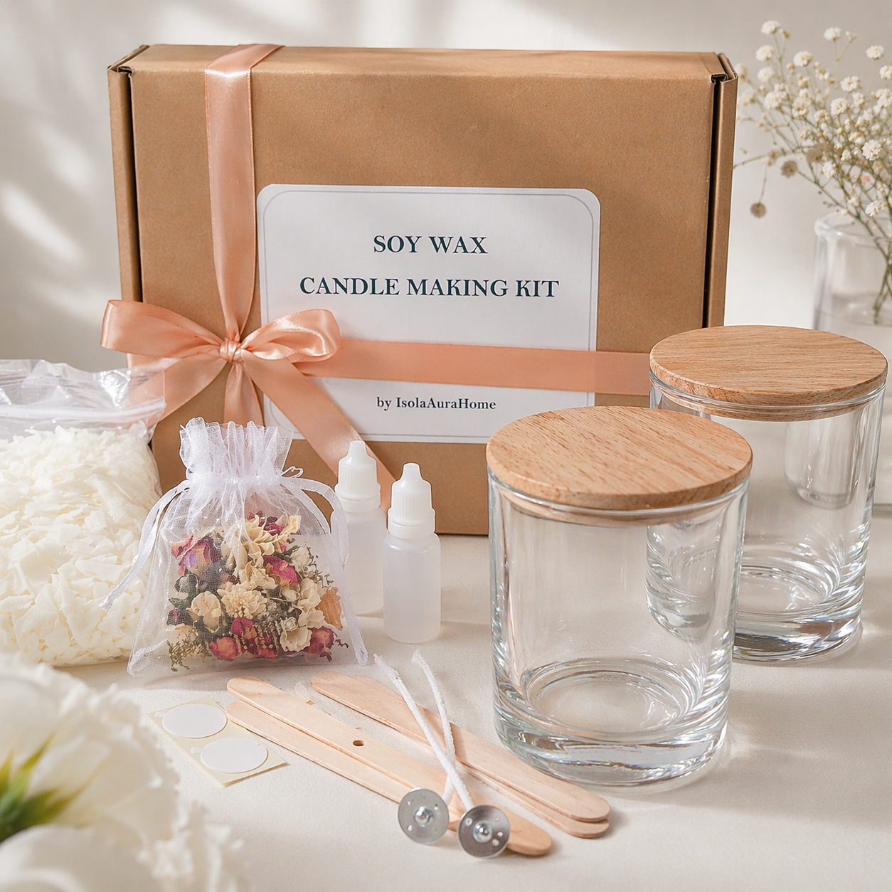 Glass jar candle making kit with two glass containers, wooden lids, soy wax, wicks and dried flower decoration