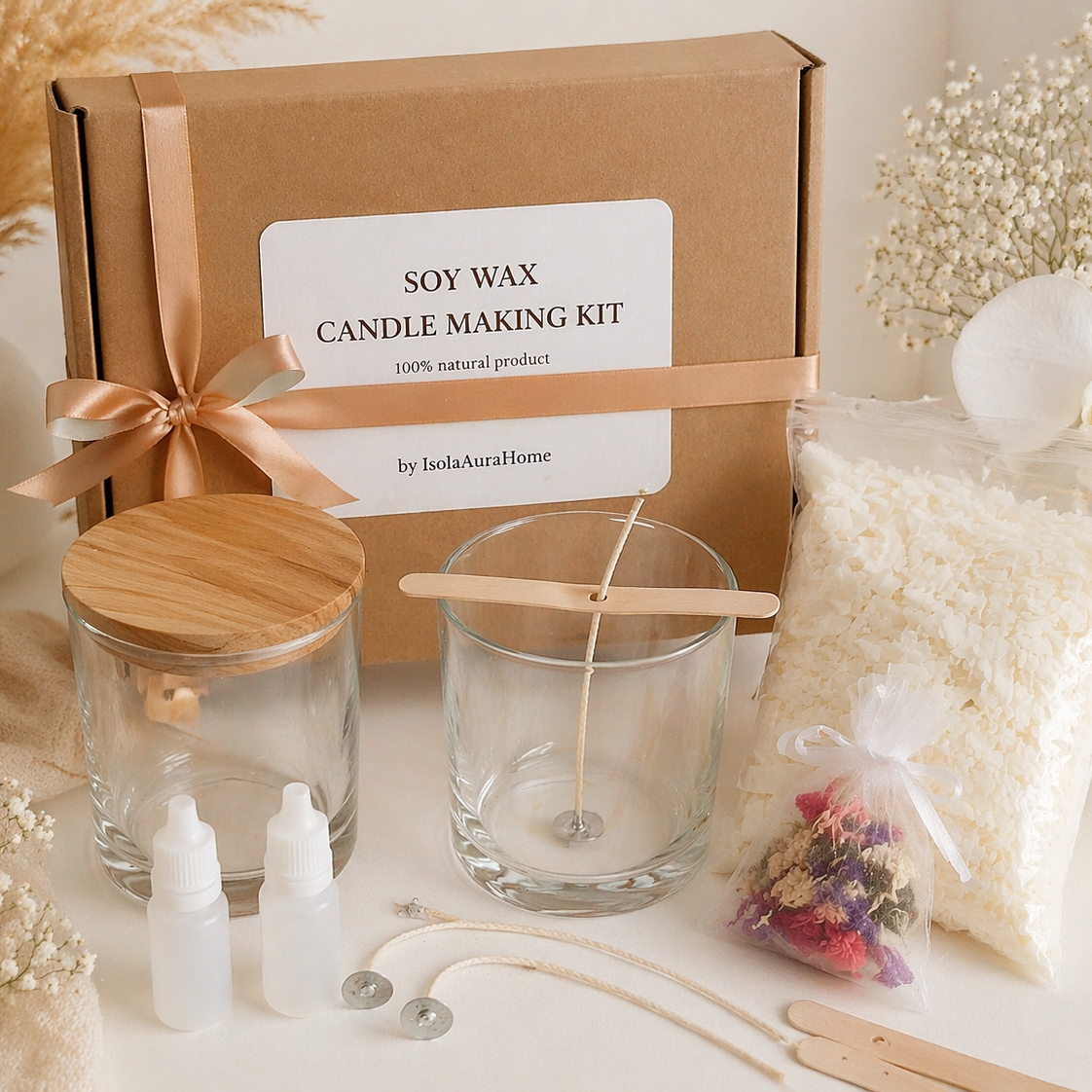 DIY soy wax candle making kit set of 2 with glass jars, wooden lids, dried flowers and fragrance oils by Isola Aura Home