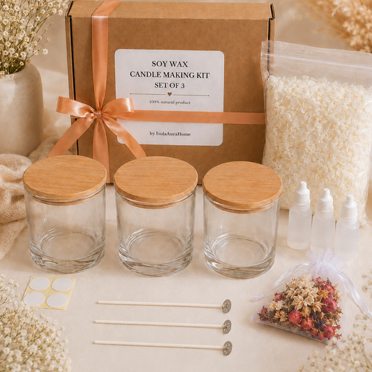 DIY soy wax candle making kit set of 3 with glass jars, wooden lids, dried flowers and fragrance oils by Isola Aura Home