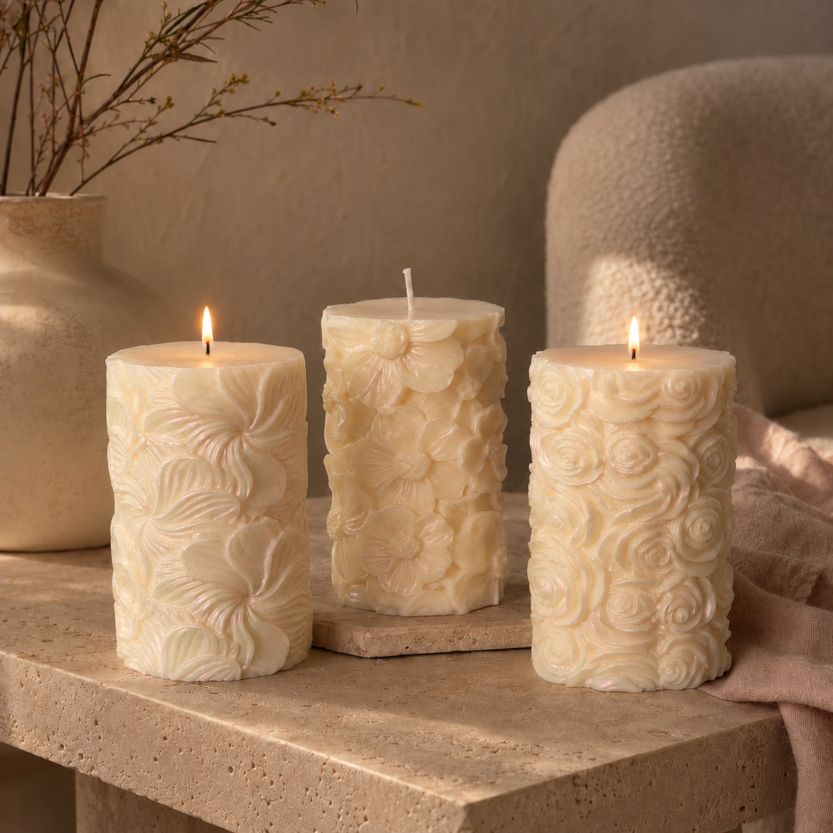 Glowing sculptural flower candle displayed as aesthetic décor in a warm neutral home interior.