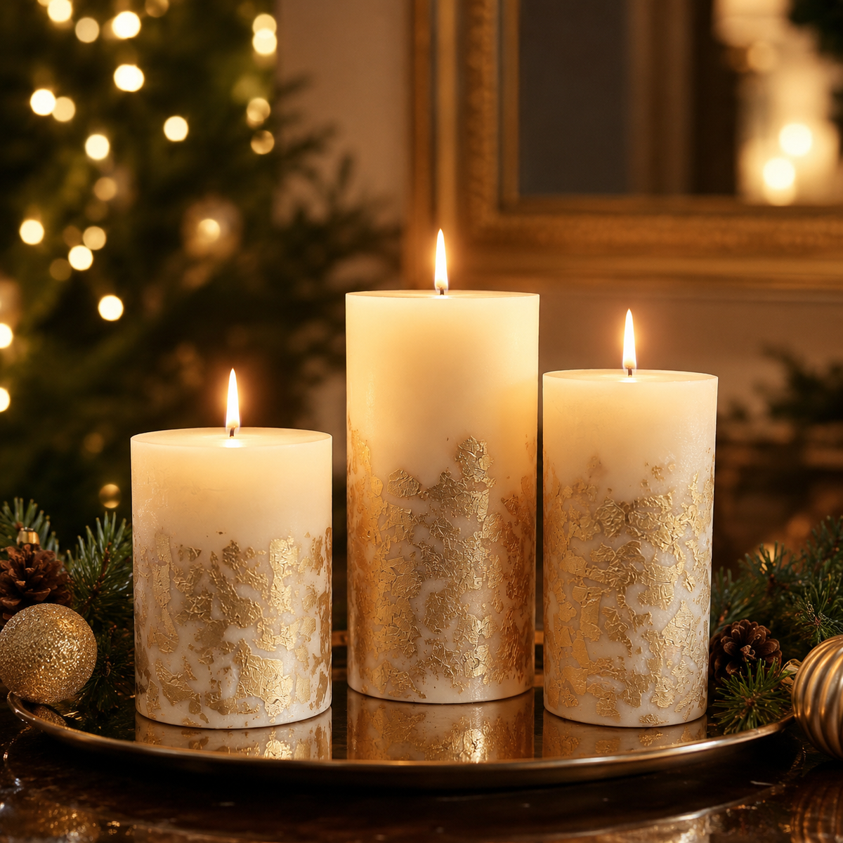 Lit gold leaf pillar candles displayed as an elegant Christmas centrepiece