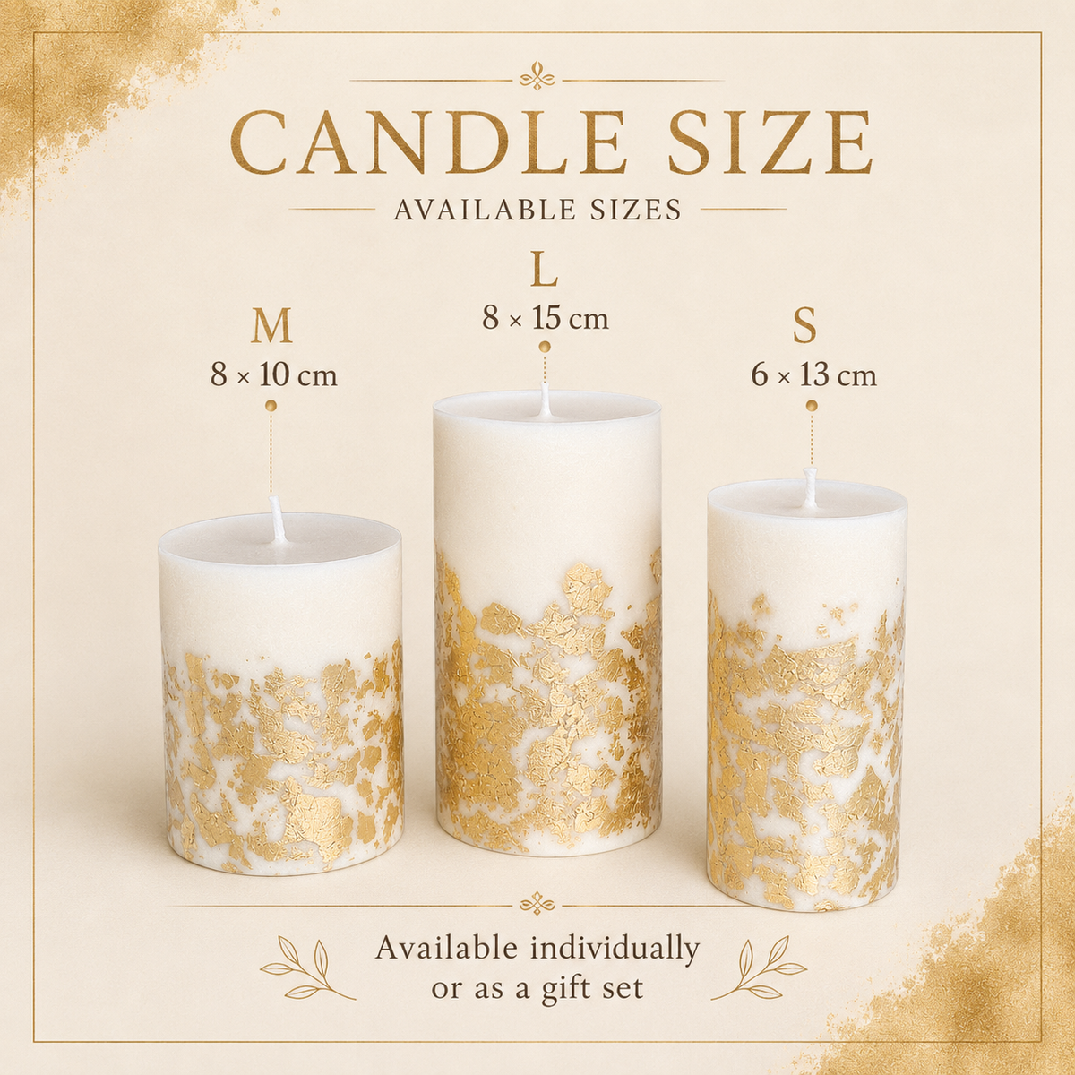 Available sizes for gold leaf pillar candles including small, medium, large and the complete set