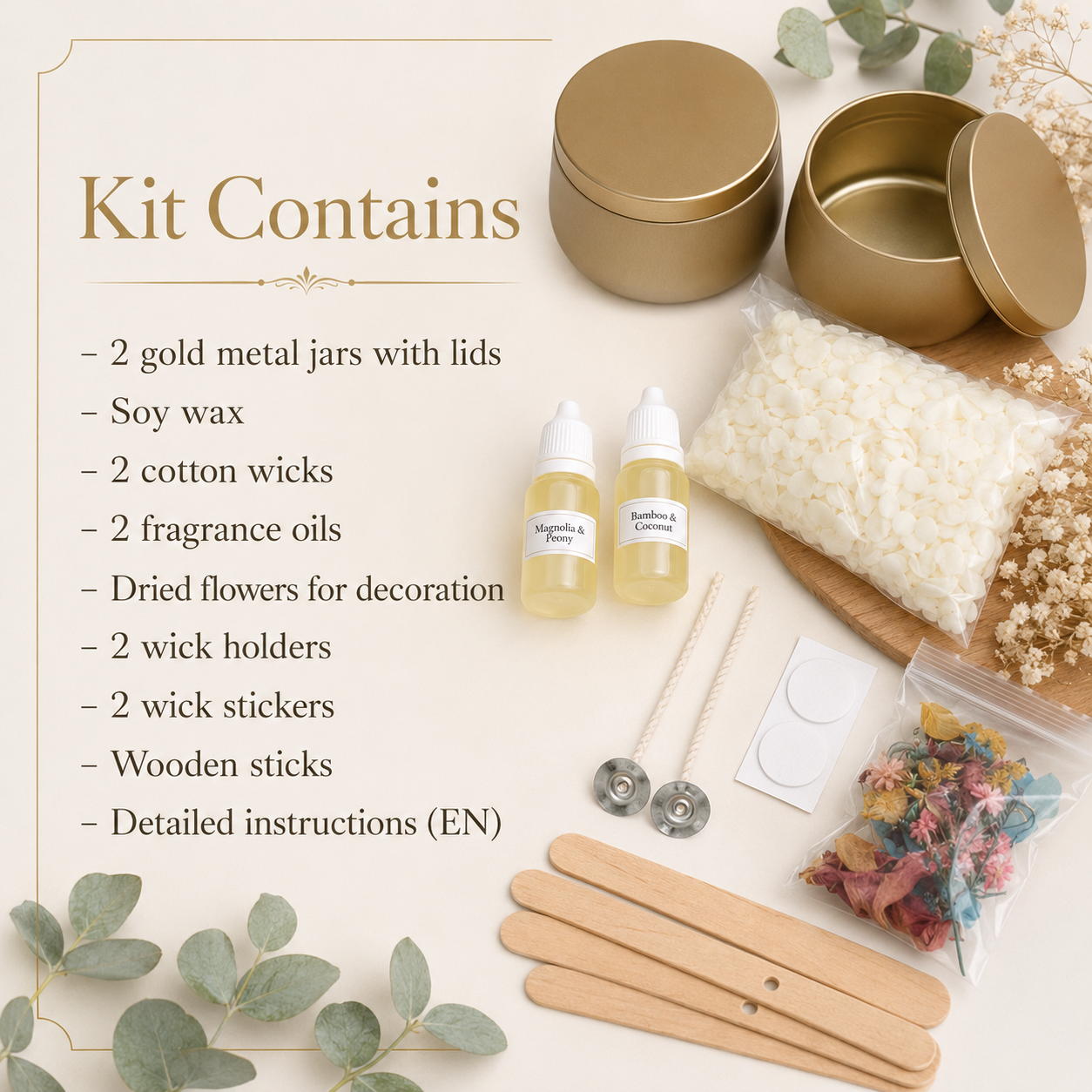 Contents of the gold tin soy wax candle making kit with two jars, wax, fragrances, cotton wicks, dried flowers and instructions