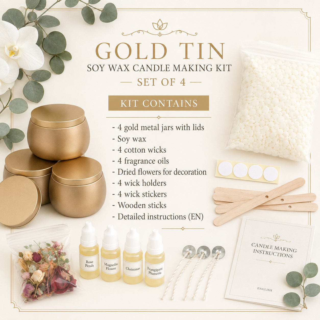 Contents of the gold tin soy wax candle making kit for four candles including wax, tins, fragrances, cotton wicks, dried flowers and instructions