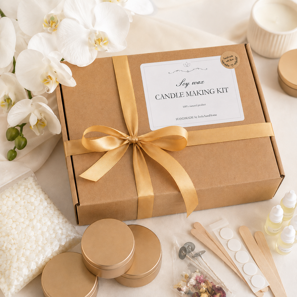Gift-ready soy wax candle making kit with four gold metal jars, fragrance oils and candle making supplies in elegant packaging