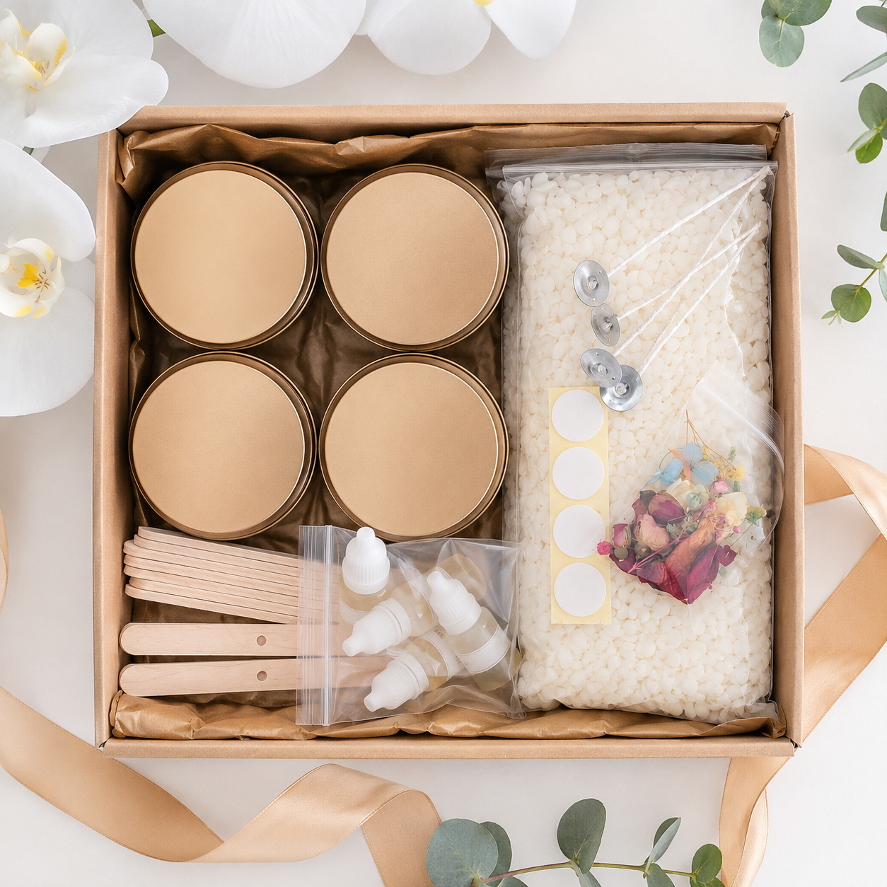 Open DIY candle making kit box with four gold tins, soy wax, four fragrance oils, cotton wicks, stickers and dried flowers