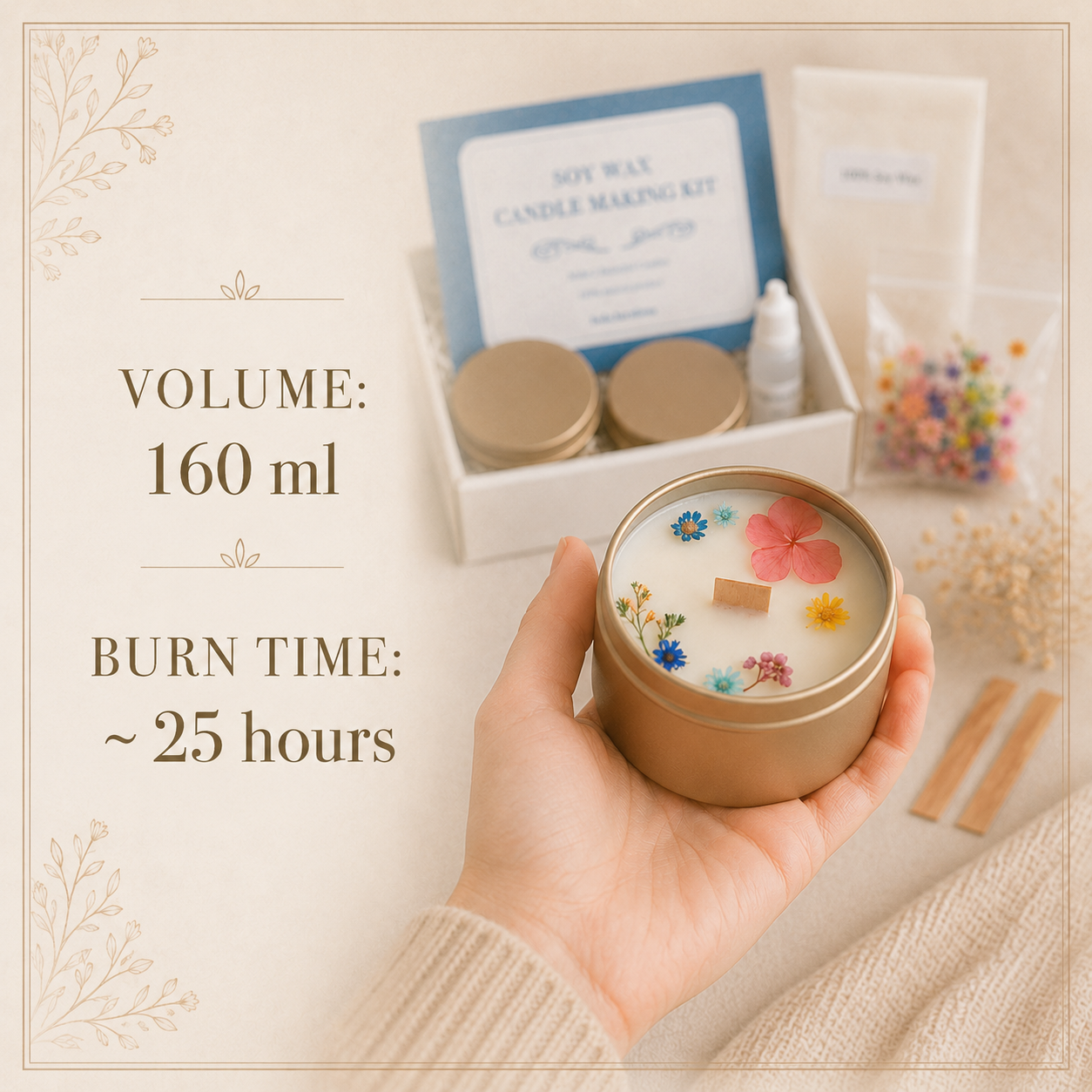 Gold tin candle container size 160 ml for floral soy wax candle making kit with dried flowers