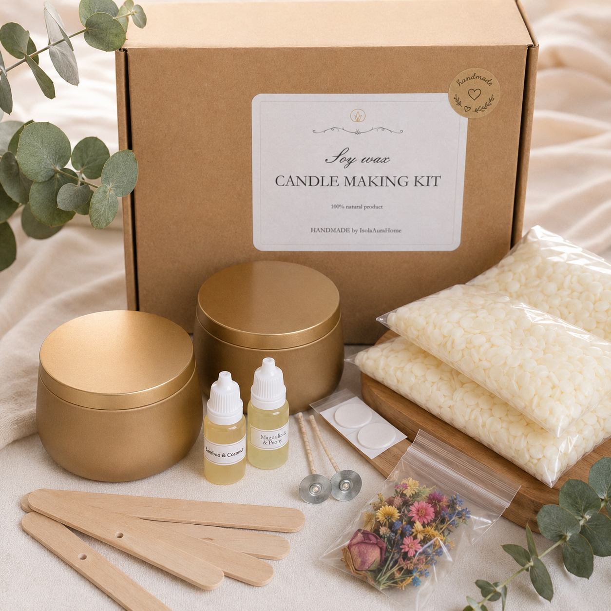 Gold tin soy wax candle making kit for two 250 ml candles with fragrance oils, cotton wicks and dried flowers by Isola Aura Home in Belgium