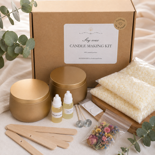 Gold tin soy wax candle making kit for two 250 ml candles with fragrance oils, cotton wicks and dried flowers by Isola Aura Home in Belgium