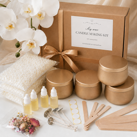 Gold tin soy wax candle making kit for four 250 ml candles with fragrance oils, cotton wicks and dried flowers by Isola Aura Home in Belgium