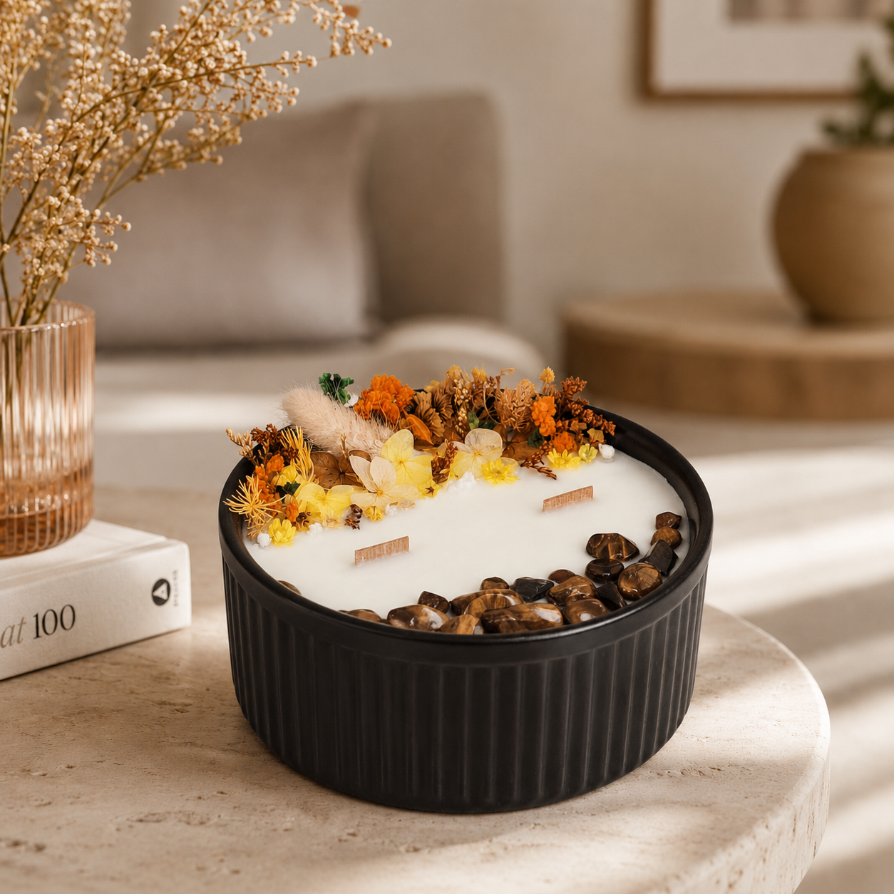 Golden Bloom and Tiger’s Eye soy candle styled in a warm neutral home interior