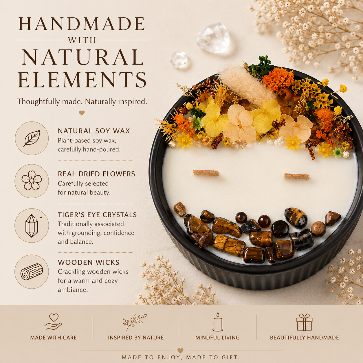 Golden Bloom candle handmade with soy wax, dried flowers, Tiger’s Eye crystals and wooden wicks