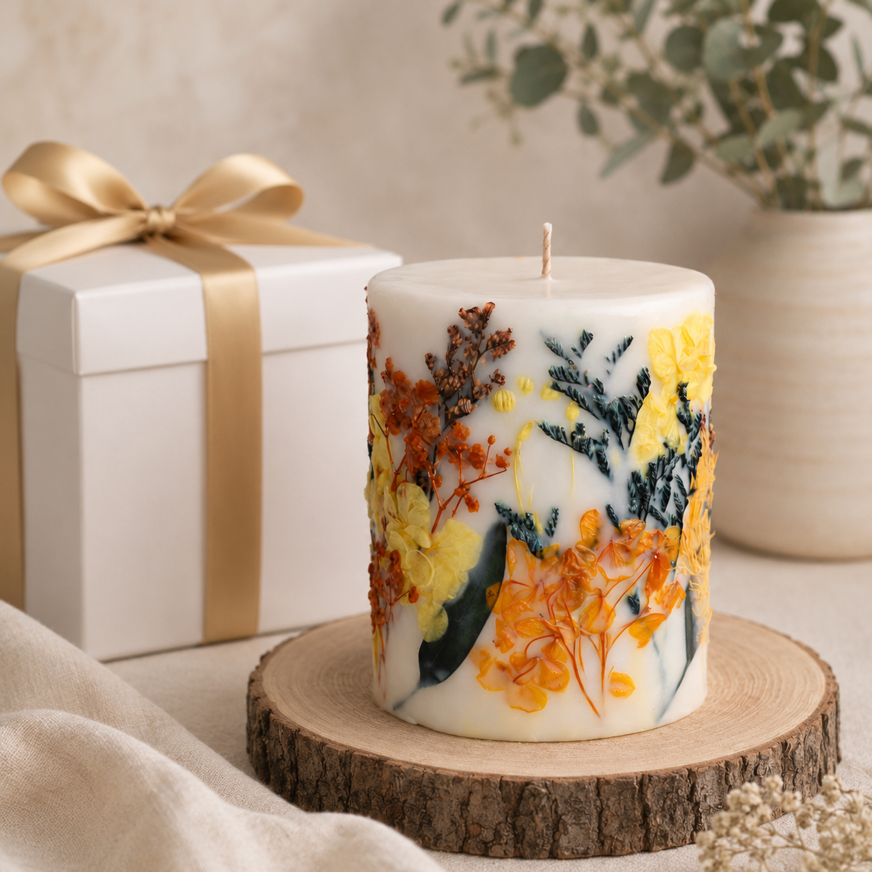 Golden Meadow botanical soy wax candle with white gift box and gold ribbon, ready to gift