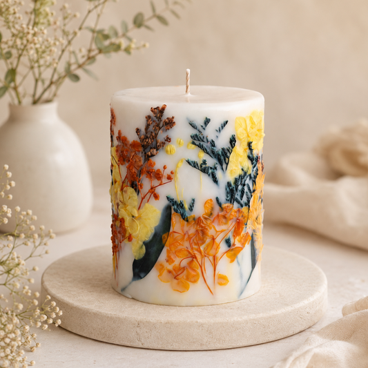 Golden Meadow botanical soy wax candle with real dried flowers, handmade by Isola Aura Home in Belgium