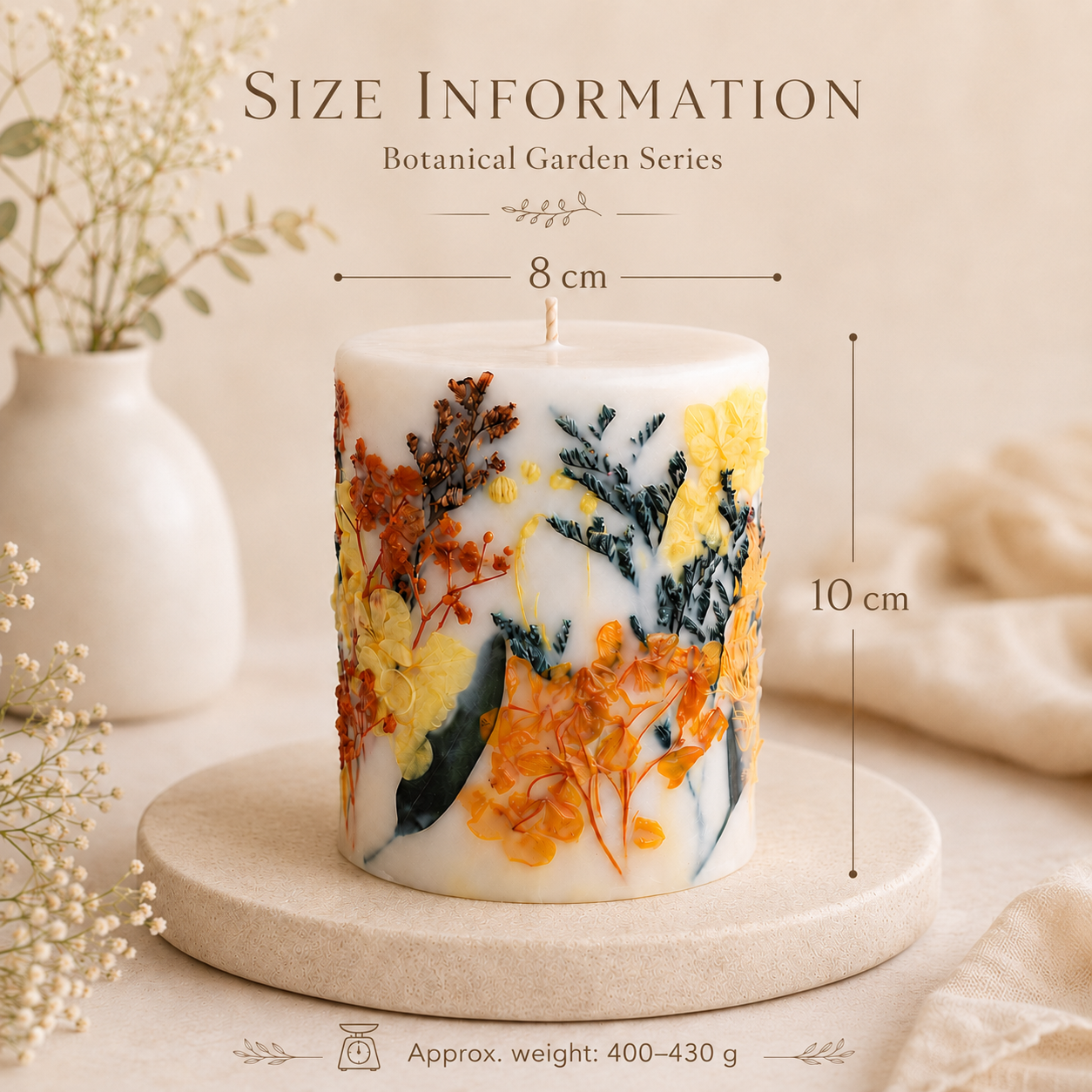 Golden Meadow botanical soy wax candle size D8 x H10 cm, approx. weight 400–430 g