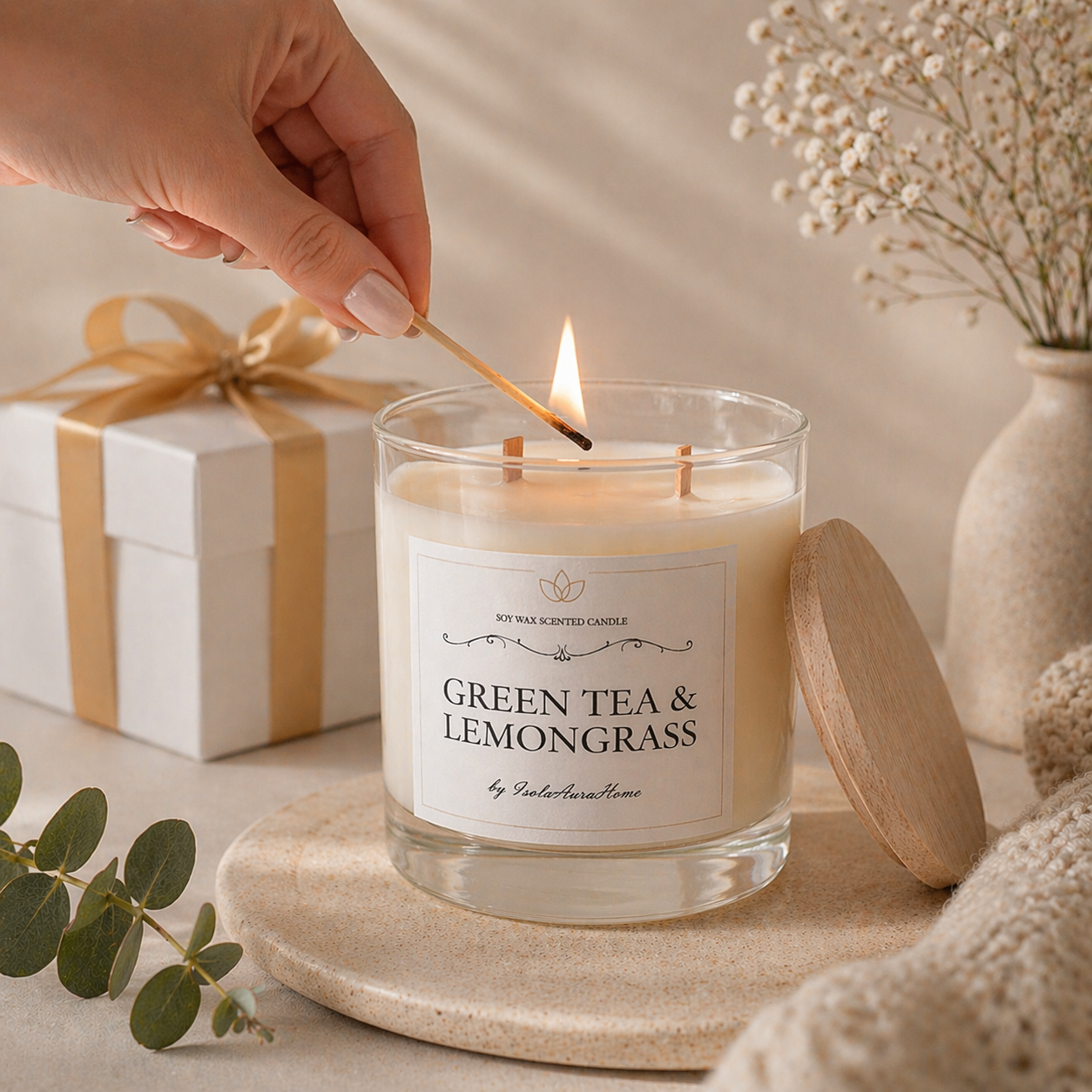 Green Tea and Lemongrass soy wax candle in a glass jar being lit, handmade by Isola Aura Home in Belgium
