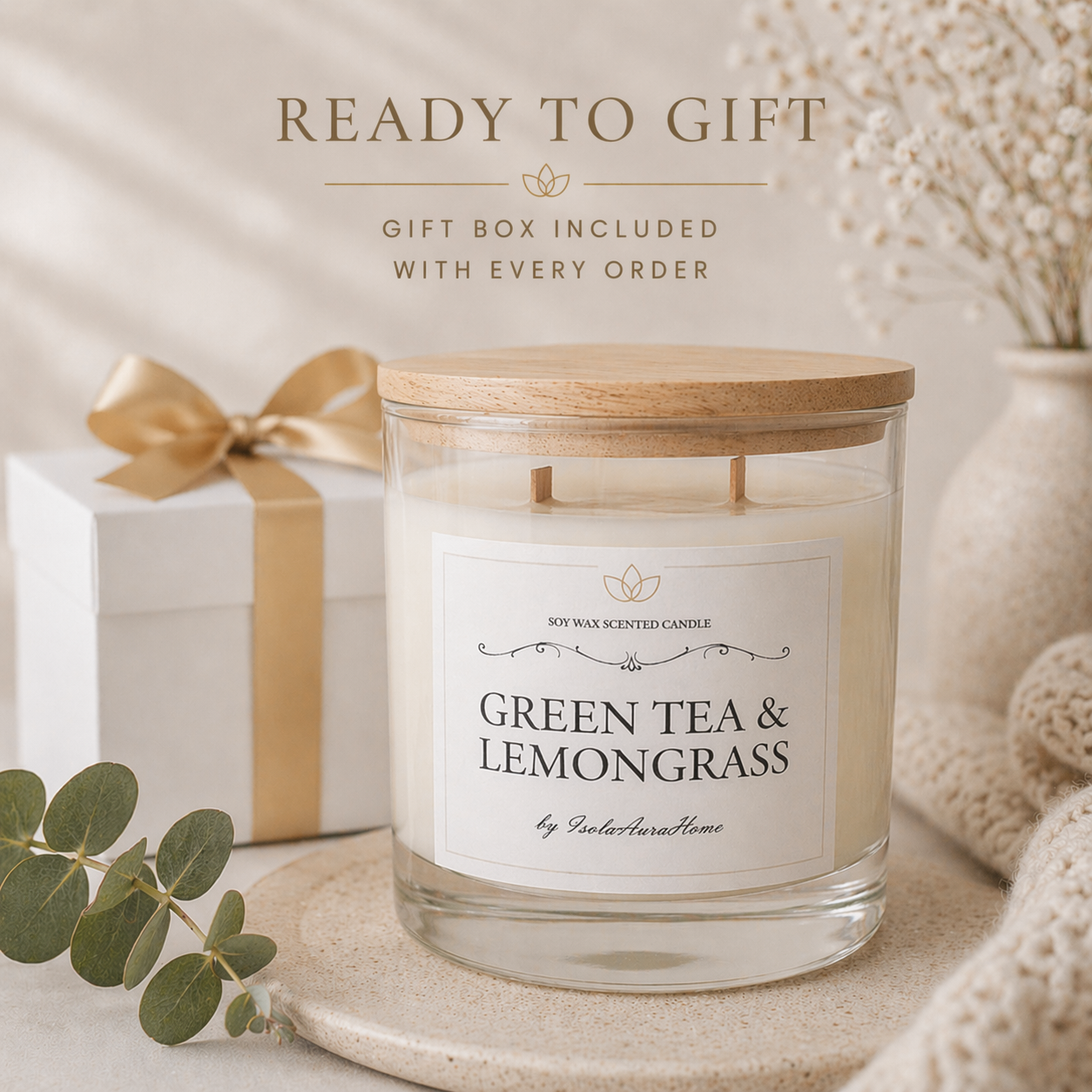 Green Tea and Lemongrass soy wax candle in a glass jar with gift box, ready to gift and handmade in Belgium