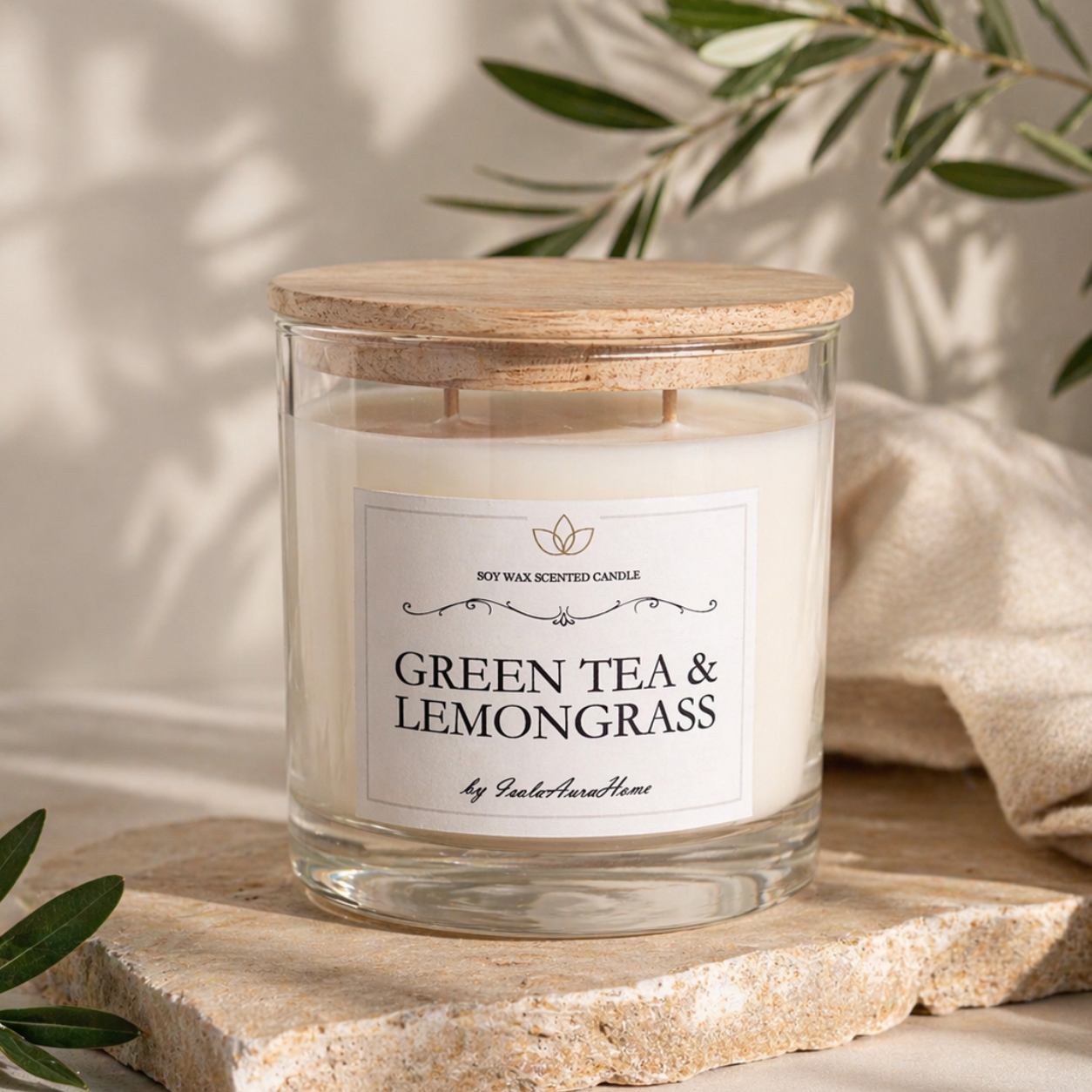 Green Tea and Lemongrass soy wax candle in a glass jar with wooden lid, handmade by Isola Aura Home in Belgium
