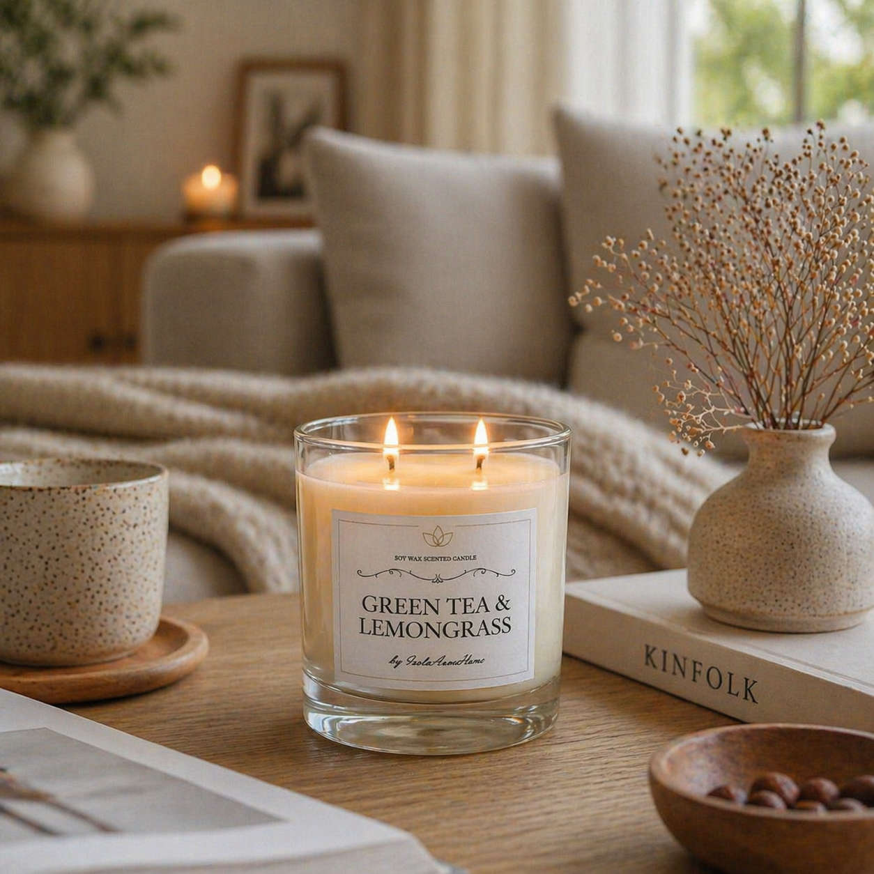 Green Tea and Lemongrass soy wax candle lit in a cozy home interior, handmade by Isola Aura Home in Belgium