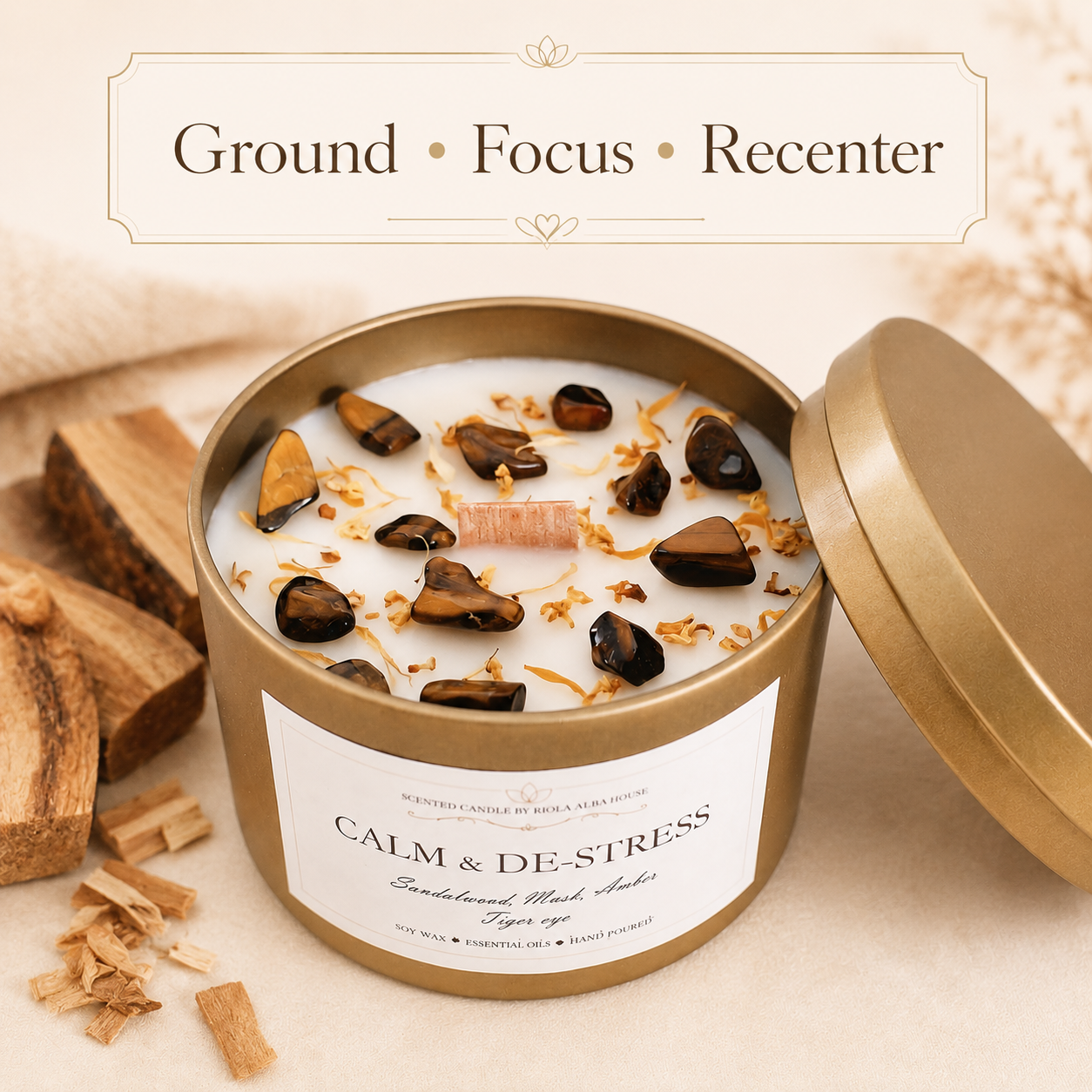 Tiger’s eye crystal candle created for grounding rituals, focused moments and self-care