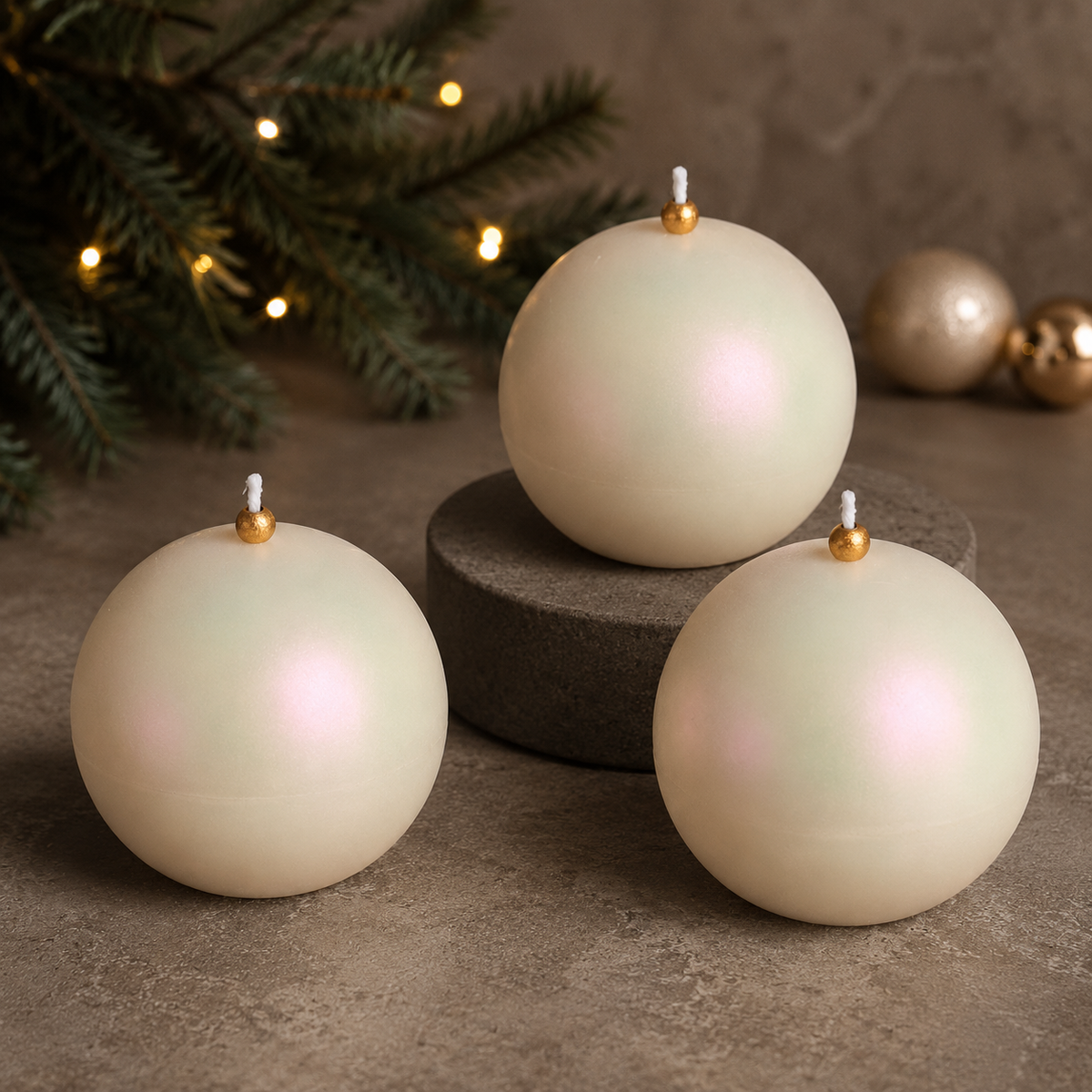 Handmade ivory bauble candles with iridescent mica finish arranged with Christmas greenery and gold ornaments