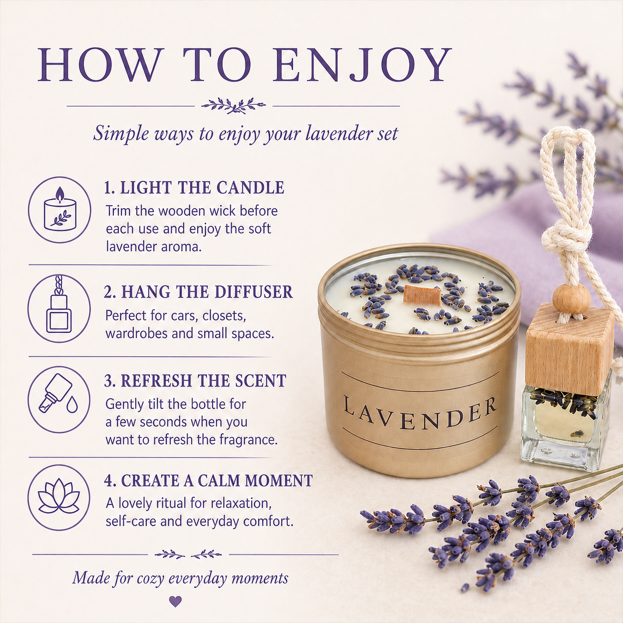 How to enjoy lavender candle and car diffuser gift box with candle care and diffuser refresh instructions