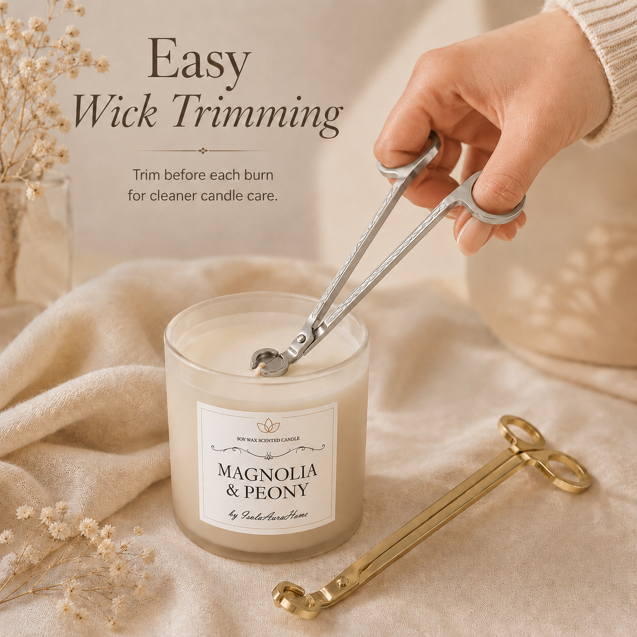 Using a silver wick trimmer to trim the wick of a Magnolia and Peony soy wax candle by Isola Aura Home