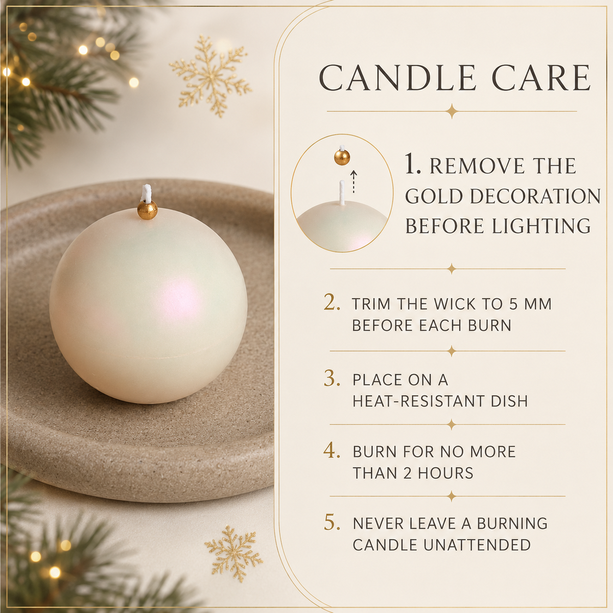Candle care guide explaining how to remove the gold decoration, trim the wick and safely burn an iridescent soy candle